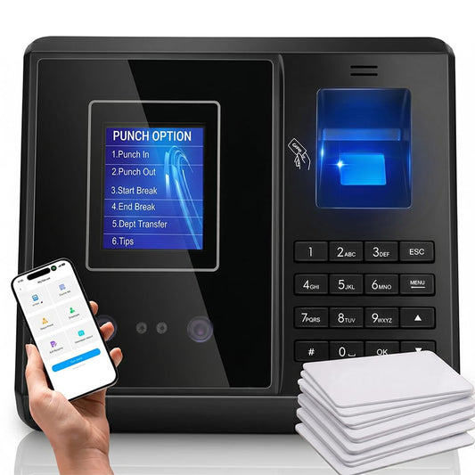 App Control, 5s Fast Connection, Fix Records, Custom Overtime, Lunch & Break Rules, 4 Payroll Reports, No Monthly Fee, 10 IC Cards Included, Fingerprint & Face Time Clock for Small Business