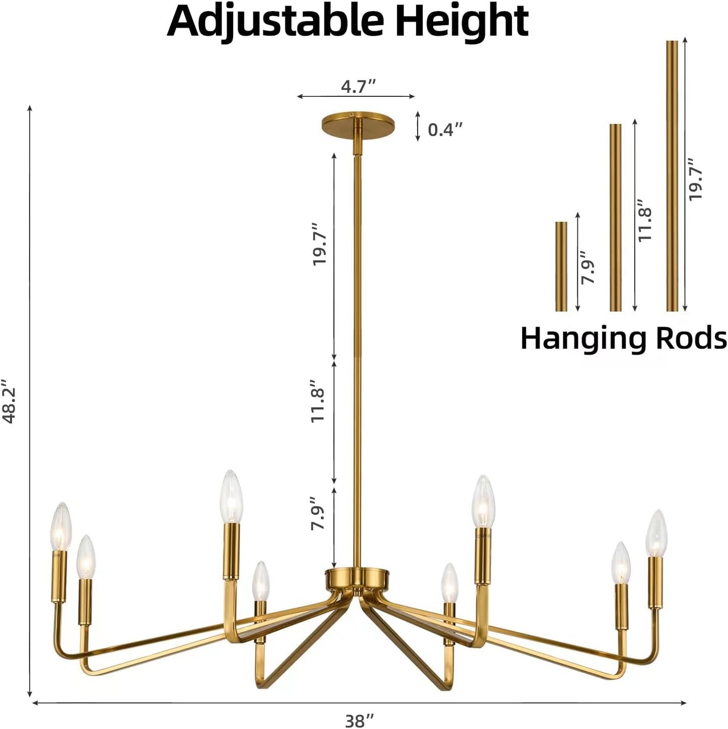 ACANER 38' Gold Chandeliers for Dining Room, 8-Light Modern Farmhouse Chandelier Light Fixture, Brushed Brass Industrial Candle Lighting Hanging