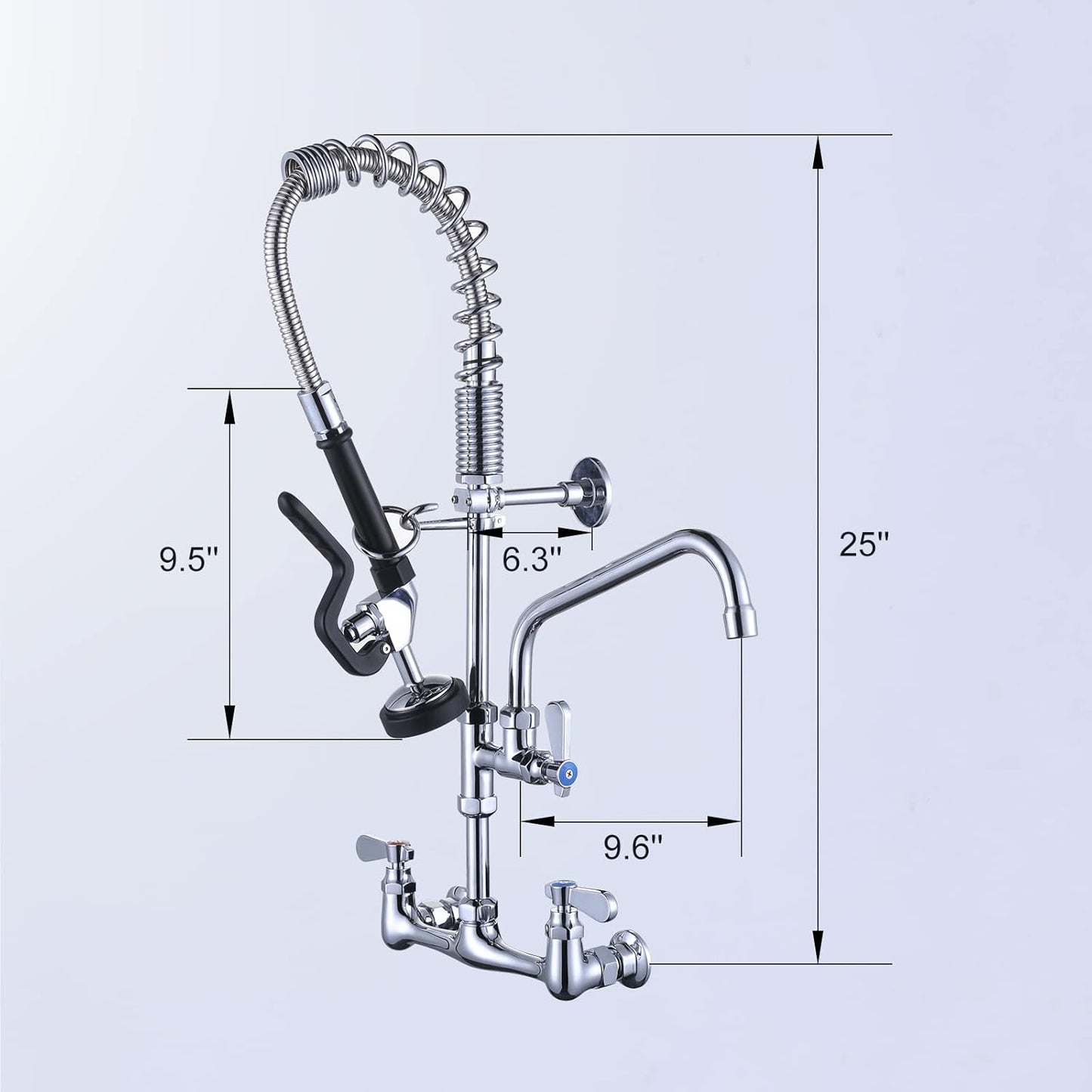 ALEASHA 25 Inches Commercial Faucet with Sprayer, Commercial Sink Faucet with 8 Inches Adjustable Center, Commercial Wall Mount Faucet with 9.6