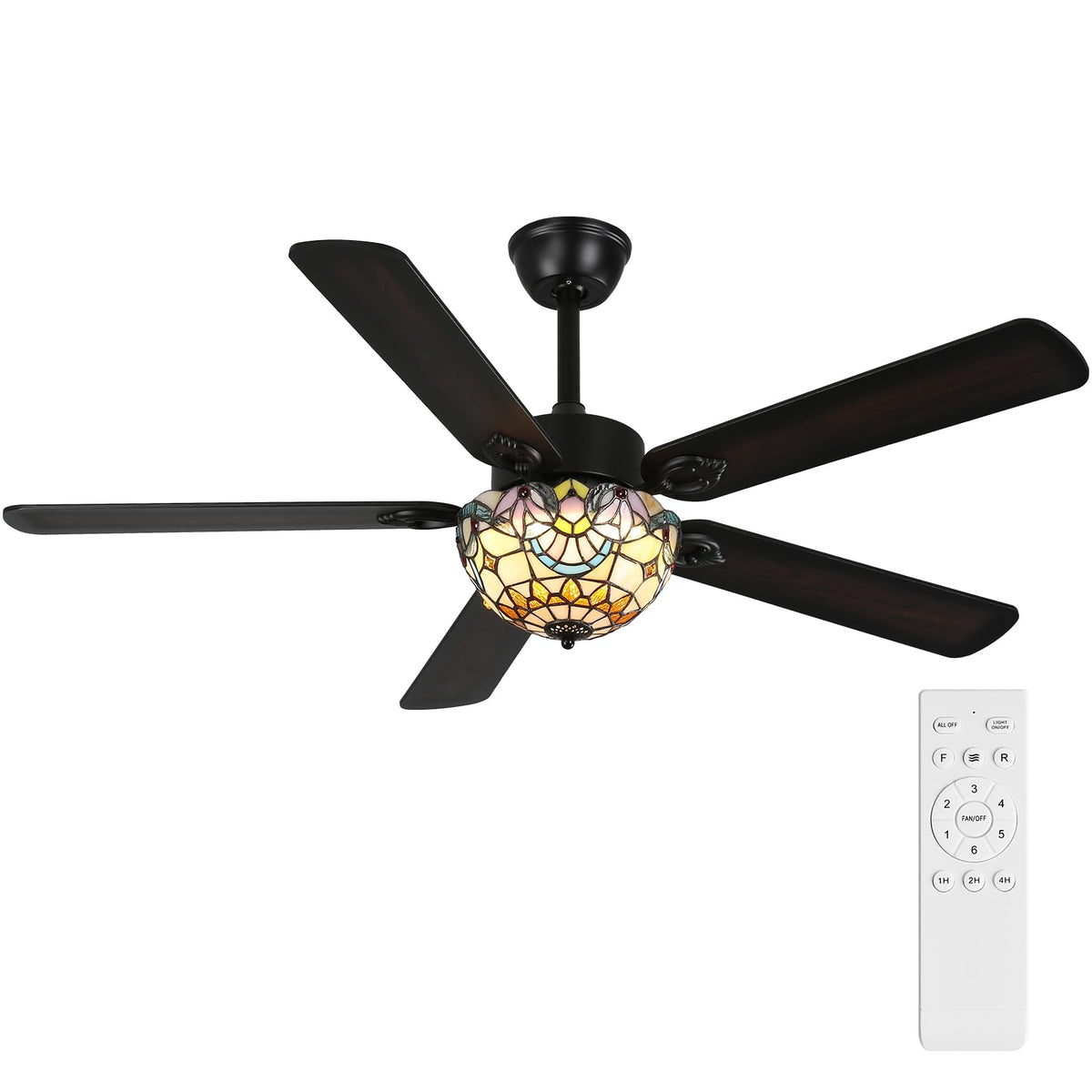 Stained Glass Ceiling Fan with Light, 52" Vintage Fandelier Fan with Remote black