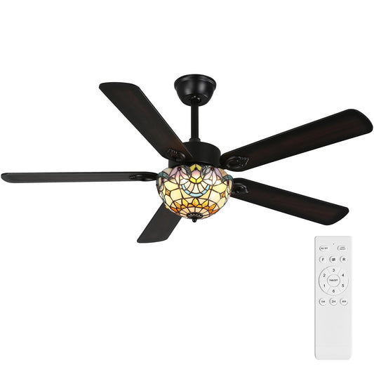 Stained Glass Ceiling Fan with Light, 52" Vintage Fandelier Fan with Remote black