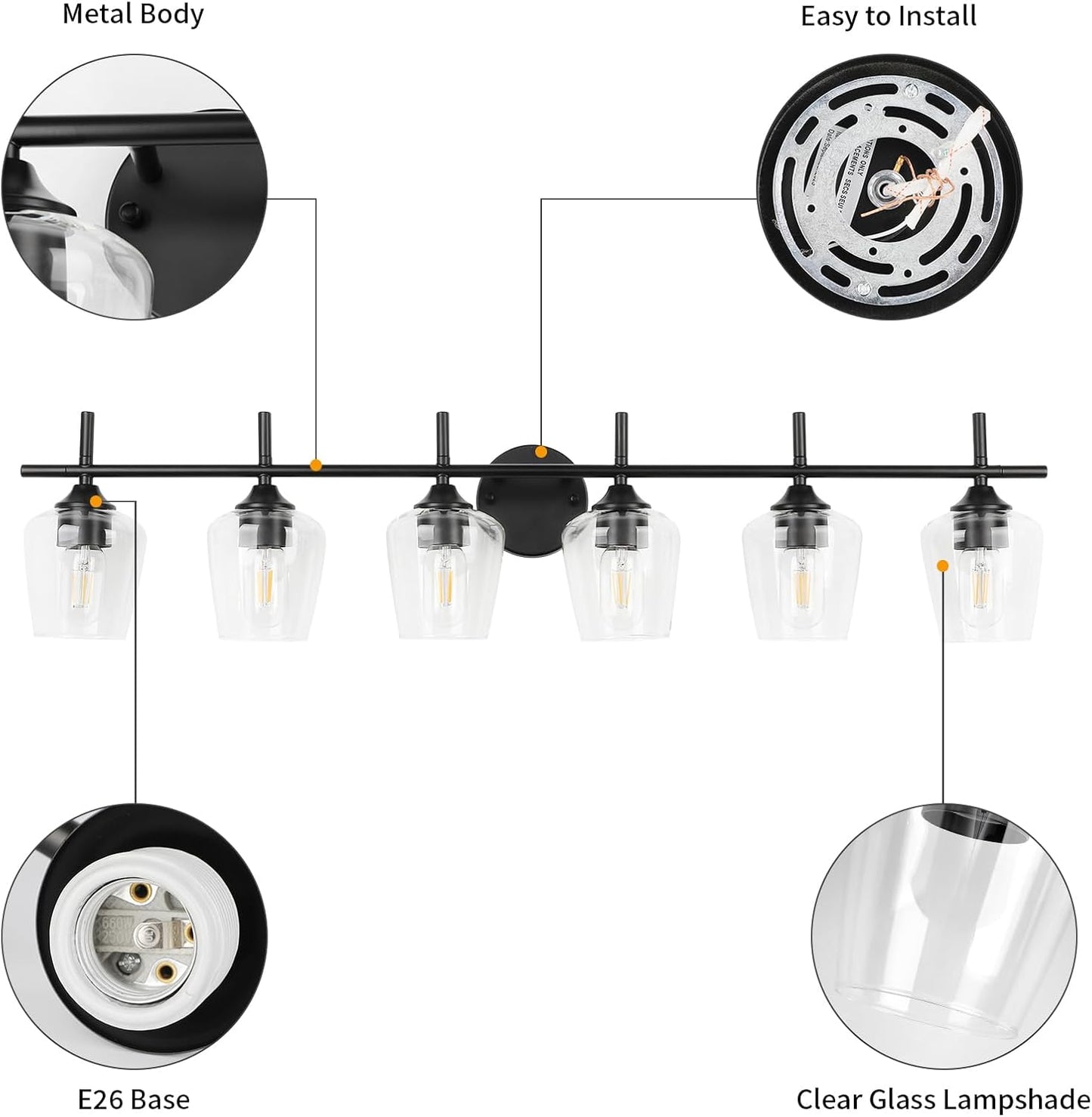 6-Light  Industrial Matte Black Bathroom Vanity Light Fixtures with Clear Glass Shades,