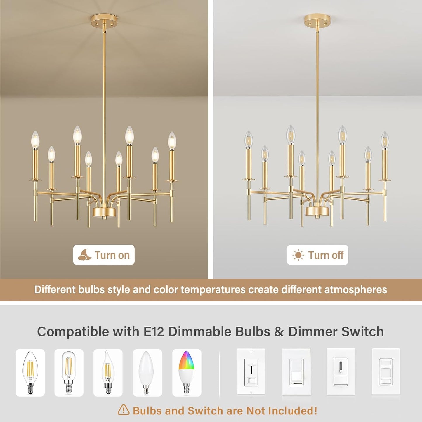 ZUYURT 8 Light Gold Chandelier Light Fixture,Modern Farmhouse Dining Room Chandelier Over Table,E12 Round Metal Candle Pendant Chandelier for Foyer