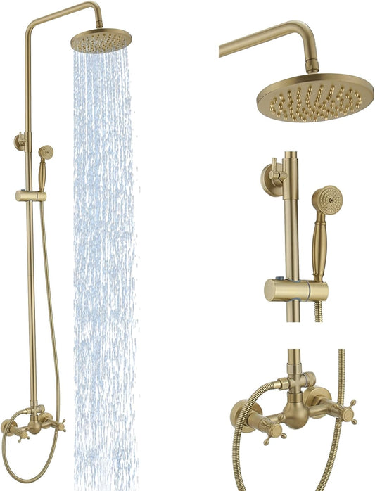 Gold Outdoor Shower Faucet Set, Bathroom Exposed Shower Fixture, High Pressure Rain Shower Head with Hand Spray, Double Knobs Cross Handle Shower,