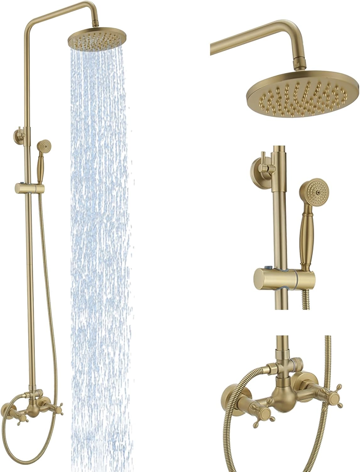 Gold Outdoor Shower Faucet, Exposed Pipe Shower, Bathroom Shower Faucet, 3 Function High Pressure Rainfall Head & Tub Spout, Double Knobs Cross