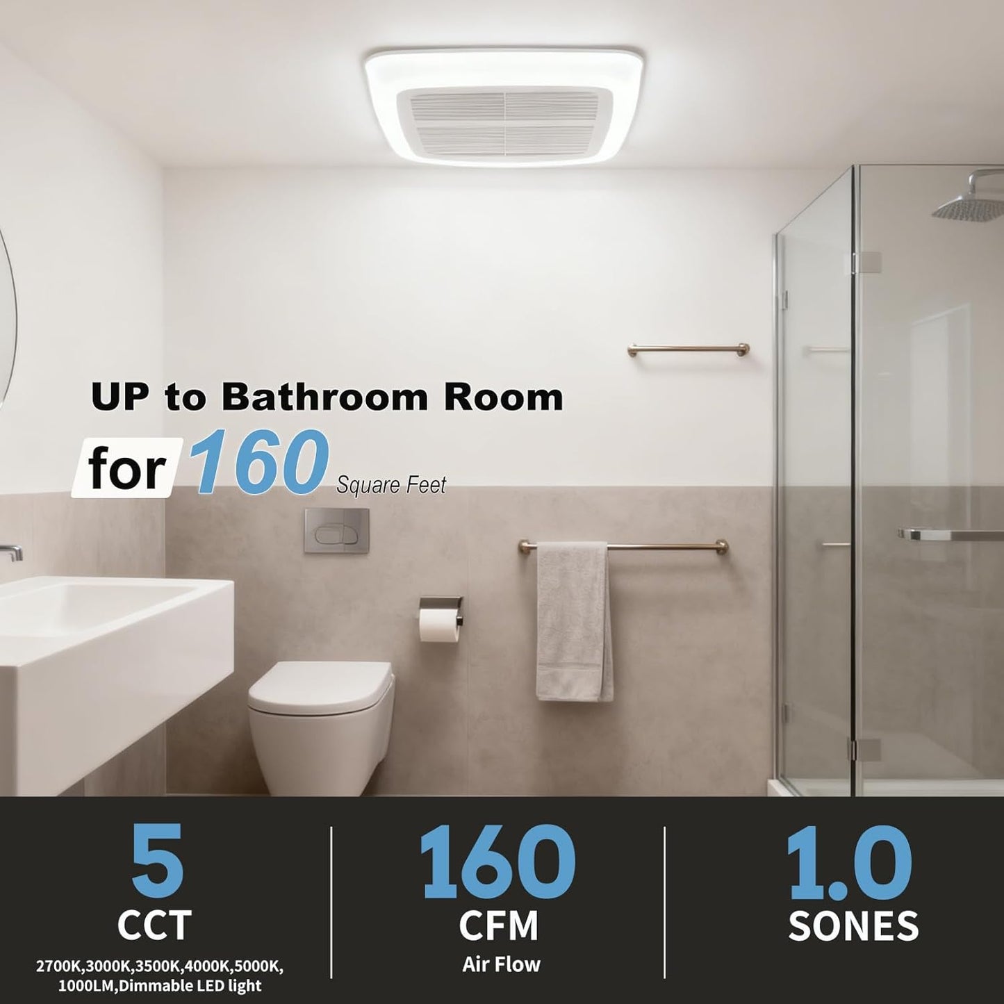 Bathroom Fan with Light, White | 160 CFM 1.0 Sone, 6 Inch Duct, 1000lm Dimmable 5CCT LED Light with Night Light, Easy to Install, Ceiling Mounted