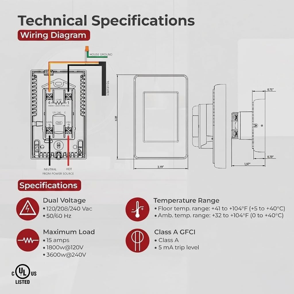 Electric Radiant Floor Heating Thermostat, Touch Screen Programmable Thermostat with GFCI, 120V or 240V, with Intuitive Screen Interface, UDG4-4999, Includes Floor Sensor