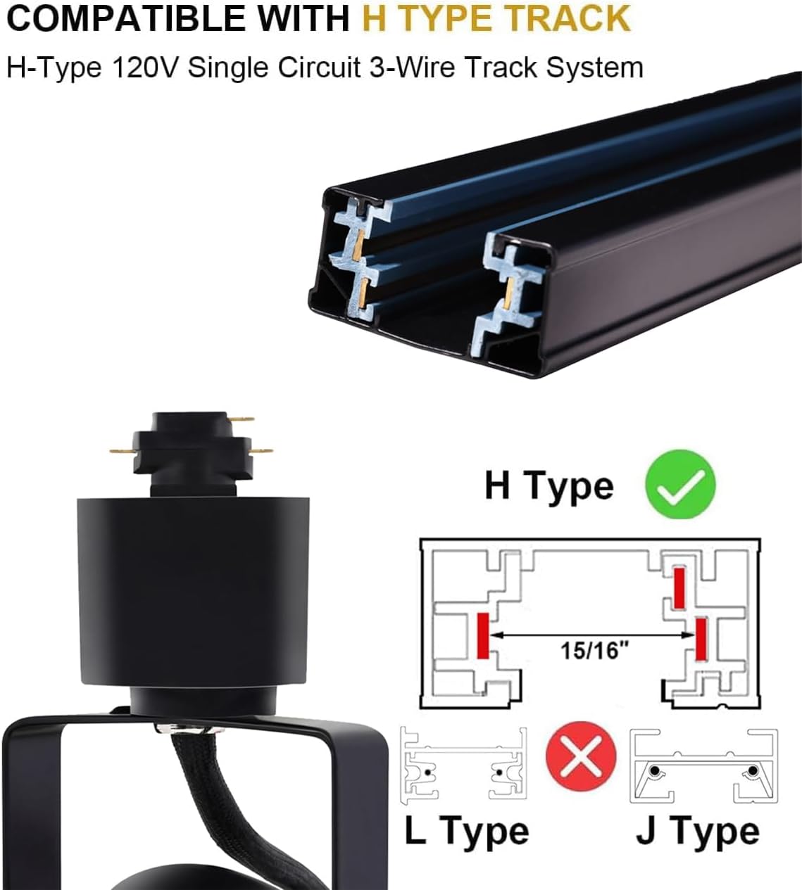 MOCAOIRE Black Track Lighting Heads,2700K-6500K Stepless Dimming H Type LED Track Light Heads Dimmable Rail Ceiling S