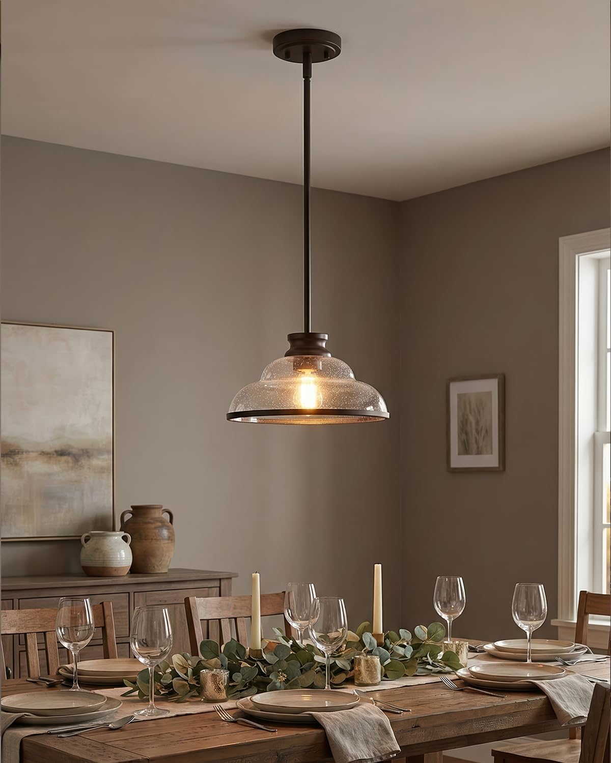 kudos 2 Pack Pendant Lights Kitchen Island, 11" Oil Rubbed Bronze Kitchen Island Lighting with Seeded Glass Shade, Farmhouse Hanging Light Fixture for Kitchen Sink Dining Room Hallways, KDPL14-ORB-2PK