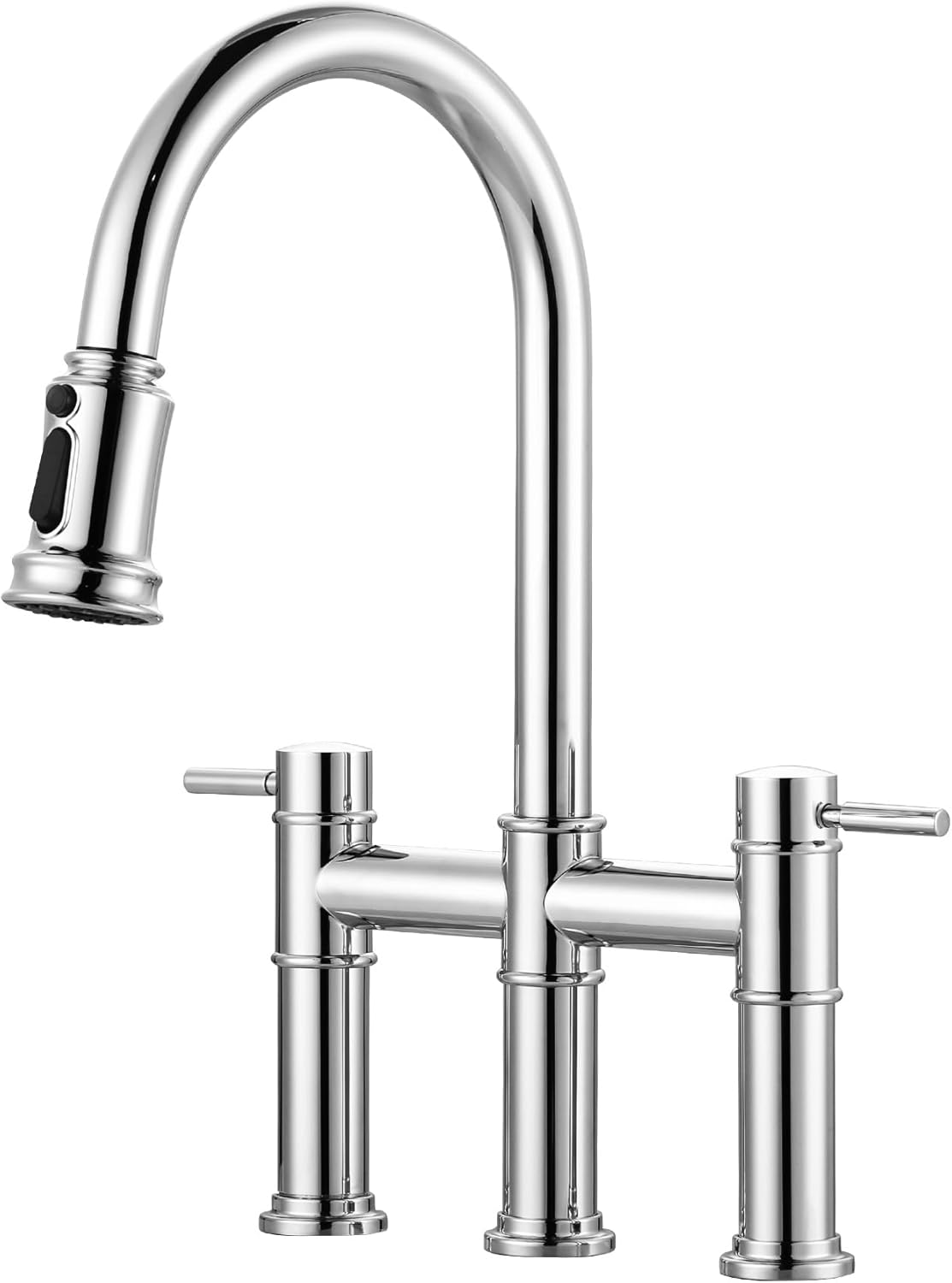 Bridge Kitchen Faucet with Pull Down Sprayer: Chrome Kitchen Sink Faucet 3 Holes 2 Handles with Supply Lines, 8.8 Inch Deck M