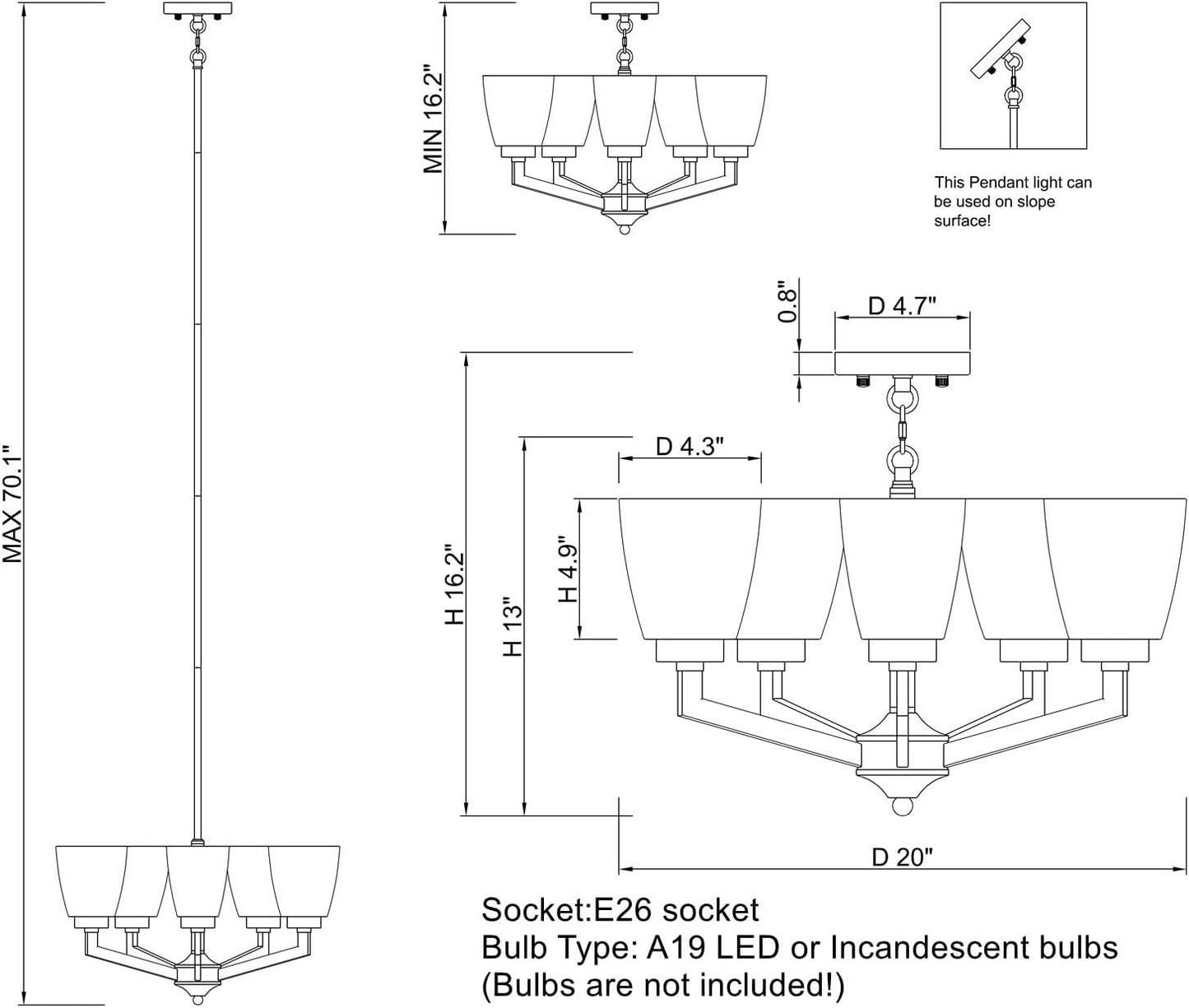 ALICE HOUSE 20' Chandeliers for Dining Room, Black Farmhouse Lighting Fixture for Kitchen, Entryway, Bedroom and Living Room AL2236-H5