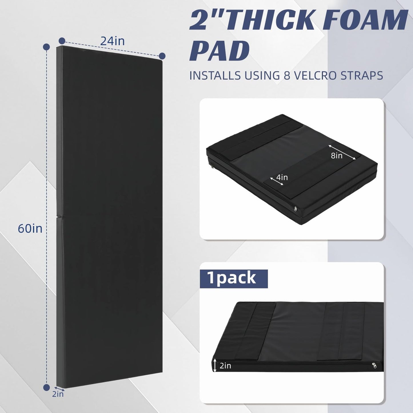 Wall Pads for Gym, 2" Thick Wall Cushion Padding Basketball Court Garage Wall Mount Protector, 60" L x 24" W Anti Collision Exercise Mats for Basement Taekwondo (Black)