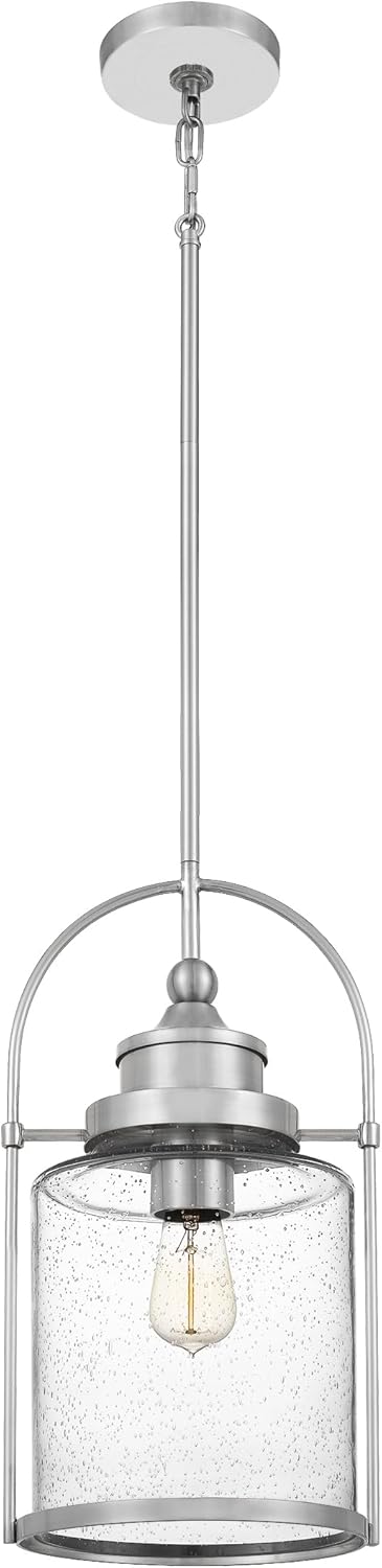 Mini Pendant Light, 10 Inch 1-Light Brushed Nickel, Clear Seeded Glass Pendant Light, Max Hanging Height 59"