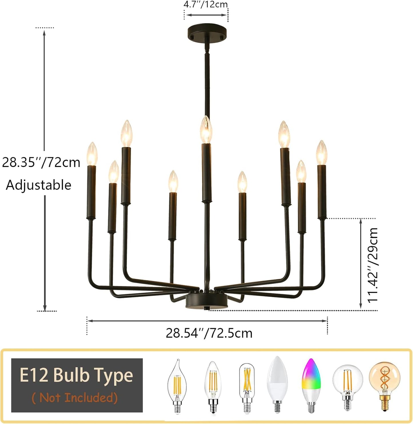 OVAZKUEL Black Chandelier 9 Lights Modern Farmhouse Chandeliers Fixture Adjustable Height for Dining Room Living Room Kitchen Island Foyer Bedroom