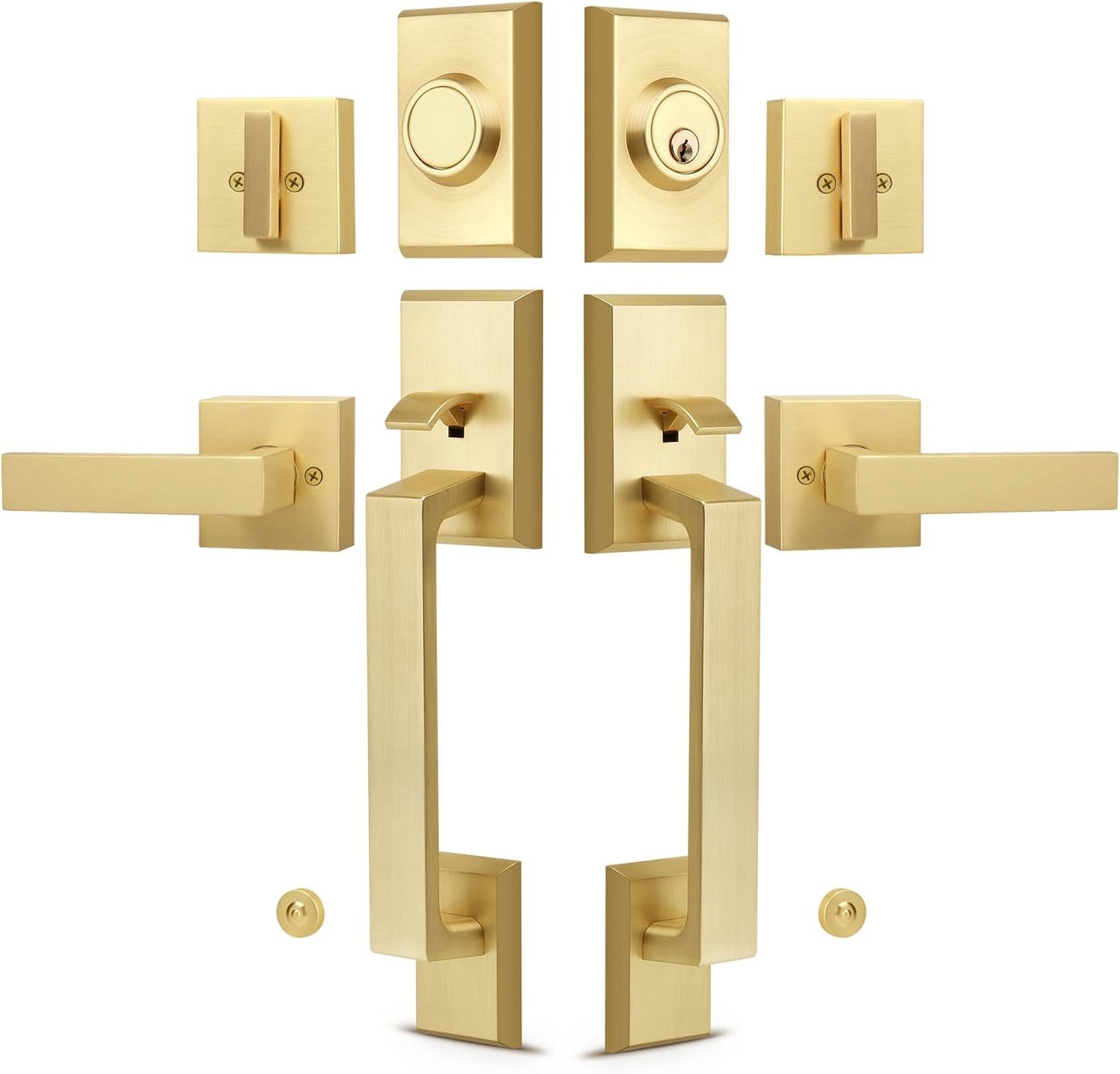 Double Front Door Lock Set, Brushed Gold Square Front Door Hardware Set with Dummy, Heavy Duty