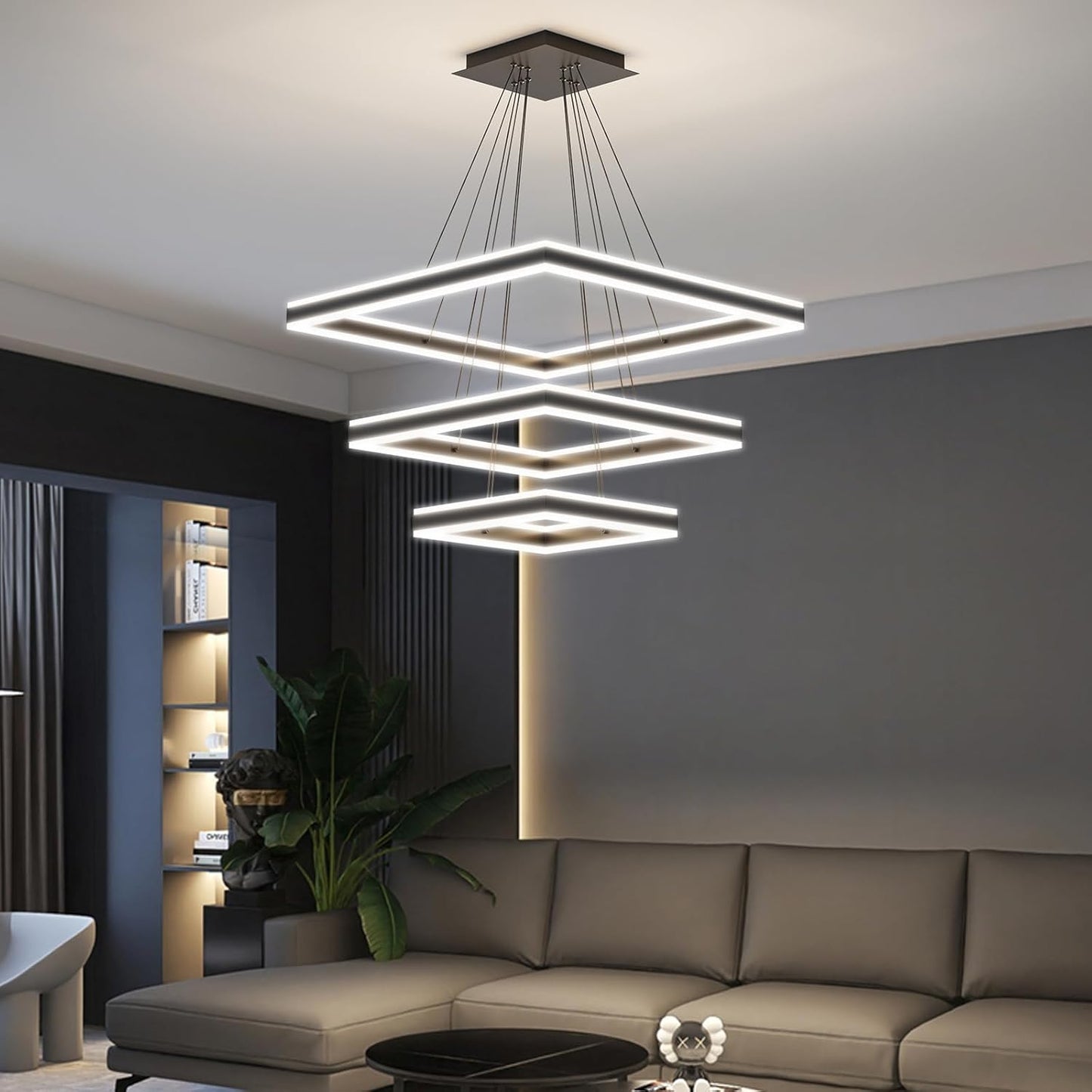 Modern Chandelier for Dining Room Light Fixtures Over Table Dimmable Remote Control 3 Layer Height Adjusted Square LED Modern Pendant Light for