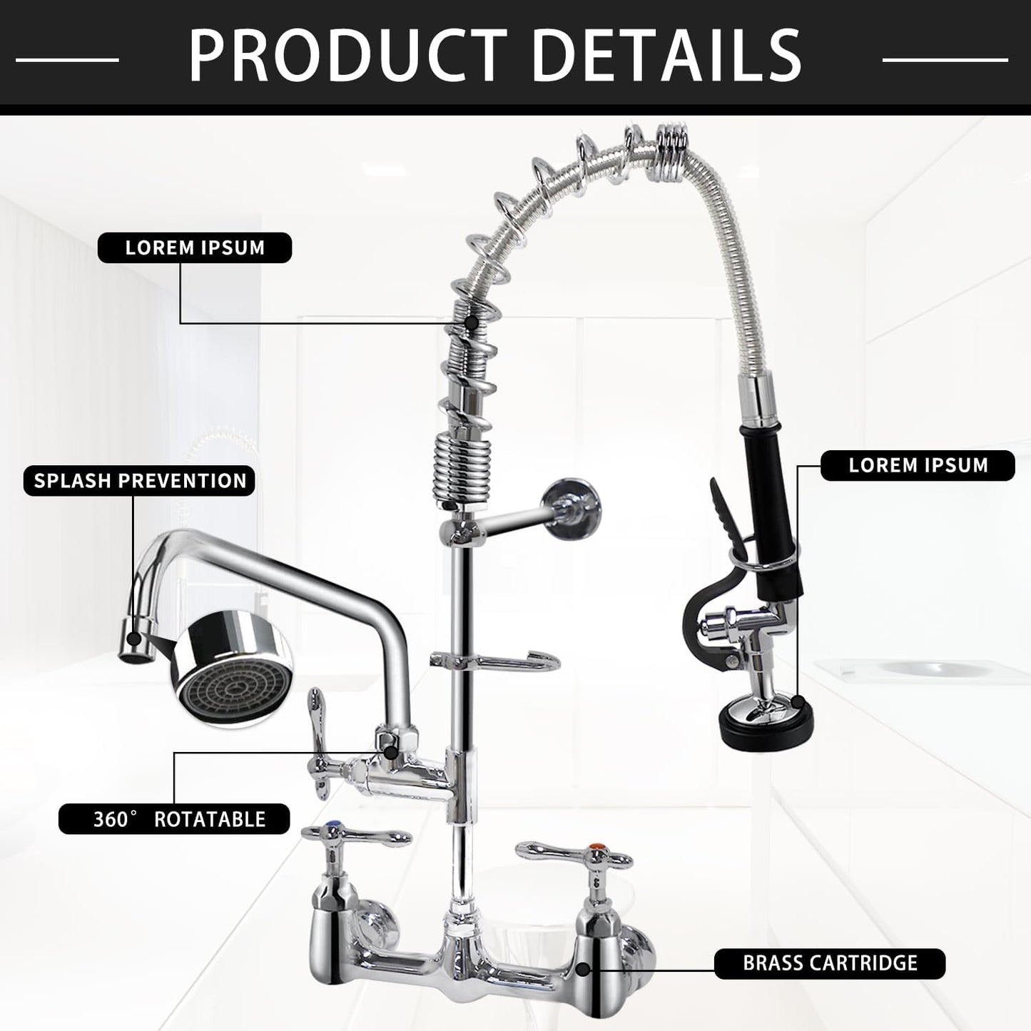 QANBAIN Commercial Sink Faucet,Commercial Faucet with Sprayer 8 Adjustable Center Wall Mounted Restaurant Faucets,12' Spout andPull-Down Pre-Rinse