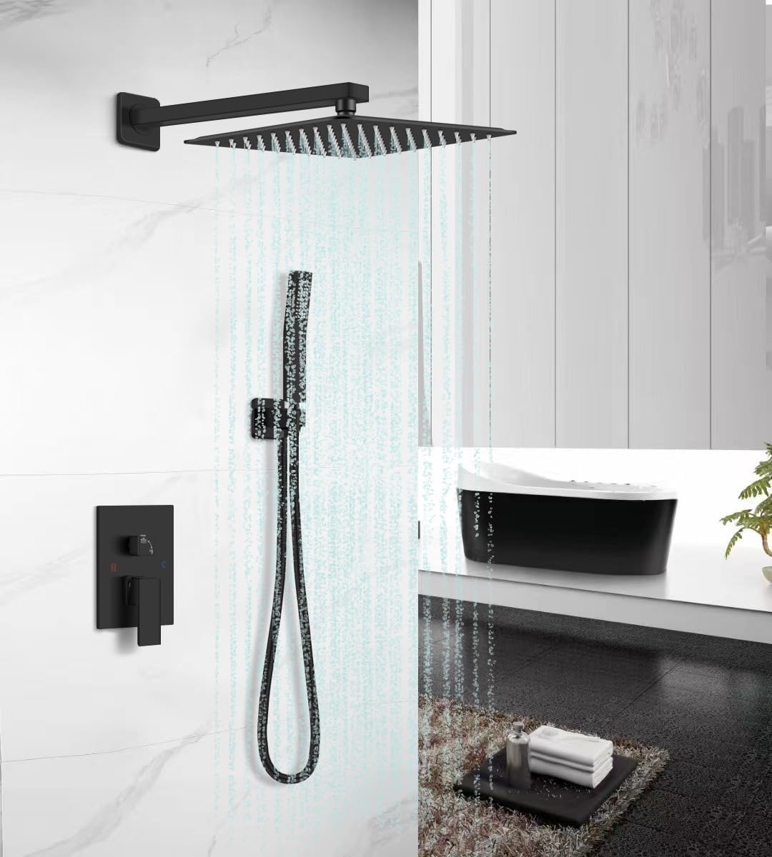 12 Inch Shower Faucet Set, Rainfall Shower System with High Pressure Handheld Shower Head and Square Fixed Shower Head,Spray Wall Mounted Rainfall