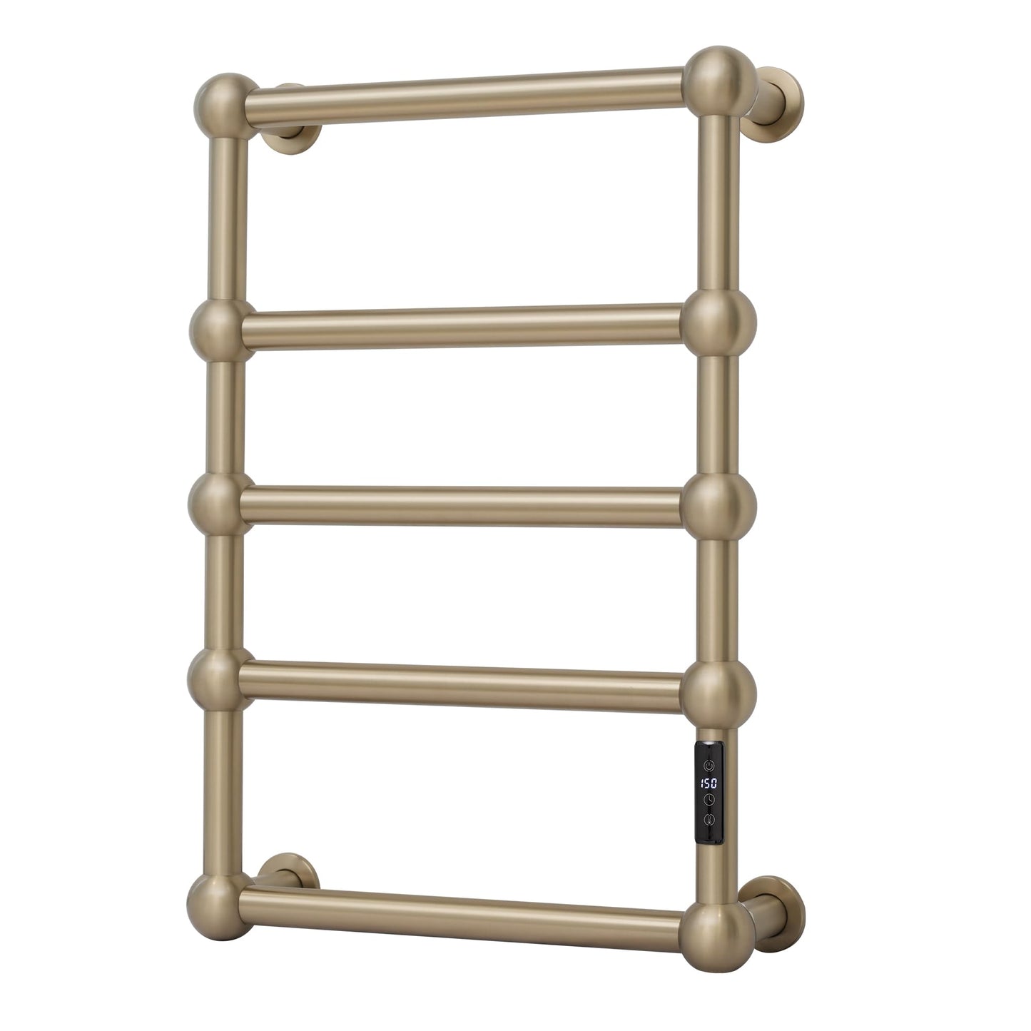 Electric Heated Towel Warmer Rack for Bathroom with Voice Control Alexa & Google Home,TUYA Wall-Mounted,Plug in,Stainless Steel,Brushed Brass,27.56 * 19.69 * 4.92 in,Sphere,Space Saving 5 Bar Brushed Brass With Wifi & Sphere