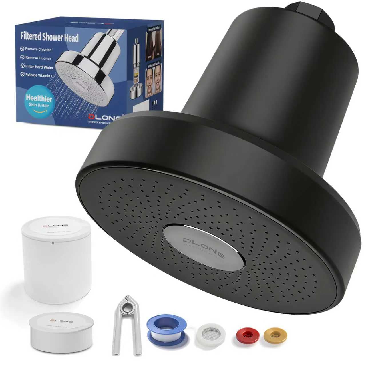 DLONE® Filtered Shower Head with Filter for Hard Water Softening - Black