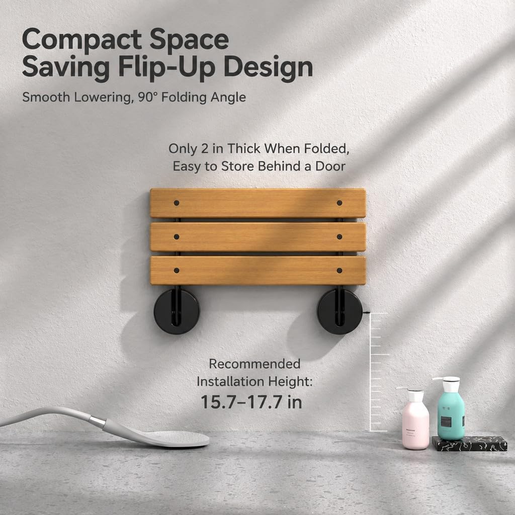 Folding Shower Bench Wall Mounted, Teak, 90° Flip-Up, Space Saving, 400lb
