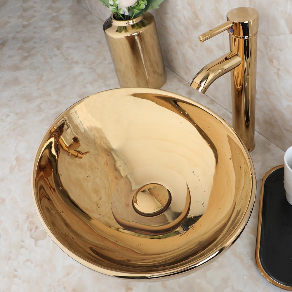 Washly Bathroom Vessel Sink 16 Inch Gold Ceramic Sink Bowl With Gold Faucet and Pop-Up Drain Combo,Oval Bathroom Sink Above Counter Art Sink Washing