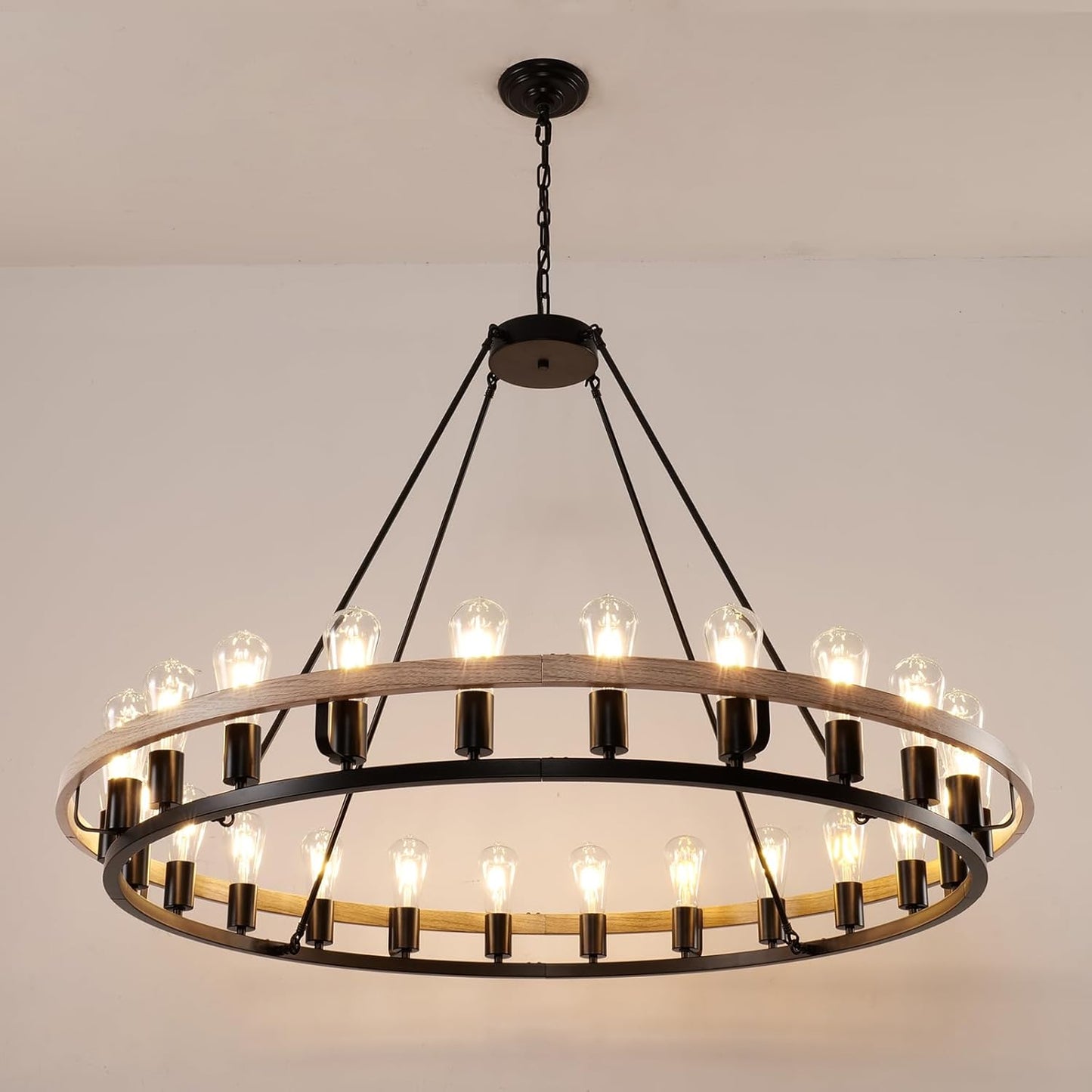 Wagon Wheel Chandelier 48-Inch 24-Light, Oak Wood and Black Finish Round Rustic Farmhouse Chandelier Extra Large for High Ceilings, Living Room Foyer