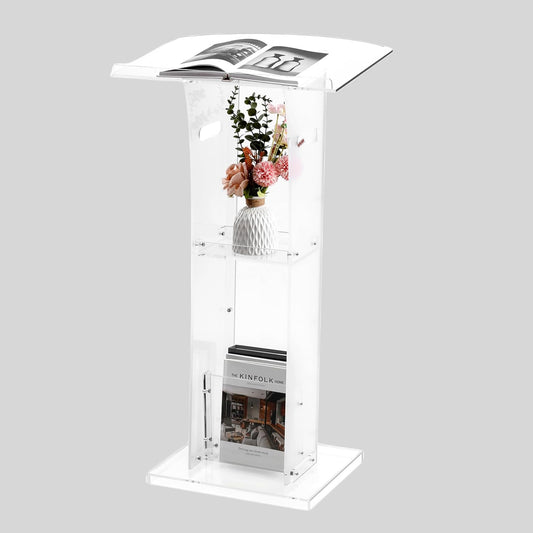 Acrylic Podium Stand, Pulpit for Churches with Storage Shelf, Clear Modern Lectern for Speech, Classroom, Wedding, Concert, Conference (23.6' L X