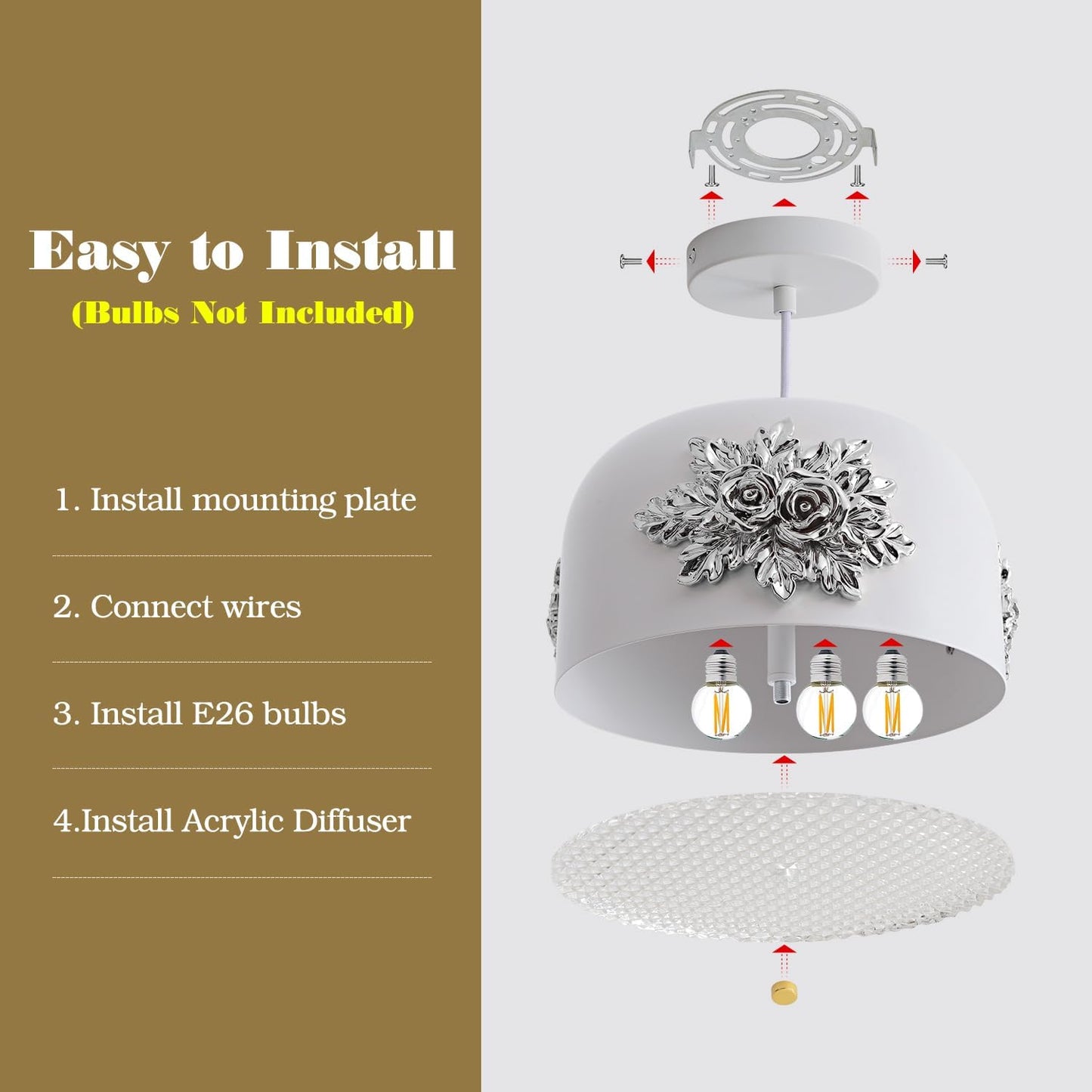 3-Light Silver Flower Pendant light,Modern Elegant Floral Kitchen Island chandelier small vintage Fixture 10.2-in Art Deco rose White drum-shaped Adjustable Hanging For Dining Room Hallway Entryway.