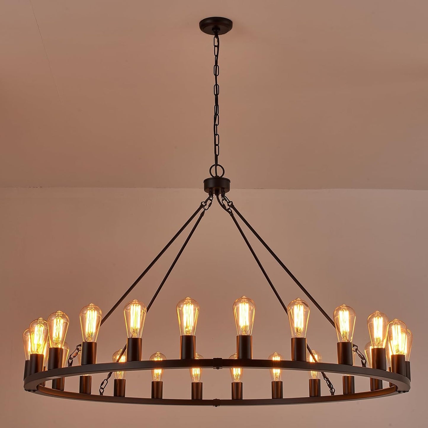 48 Inch 24-Lights Wagon Wheel Chandelier Matte Black Farmhouse Rustic Industrial Large Pendant Light for High Ceilings