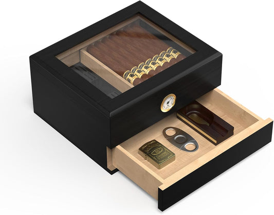 Cigar Humidor Case with Mechanical Hygrometer, Cigar Humidor Glass Top Cigar Case Humidifiers, Humidor Box Cigar Cases for M