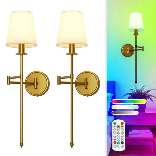 Battery Operated Wall Sconce Set of 2, RGB Color Changing Wall Lights with Remote, 9 Static Colors, Dimmable Wireless Swing Arm Wall Lamp, Adjustable Gold Wall Sconce for Bedroom Living Room Brass 24.8inch