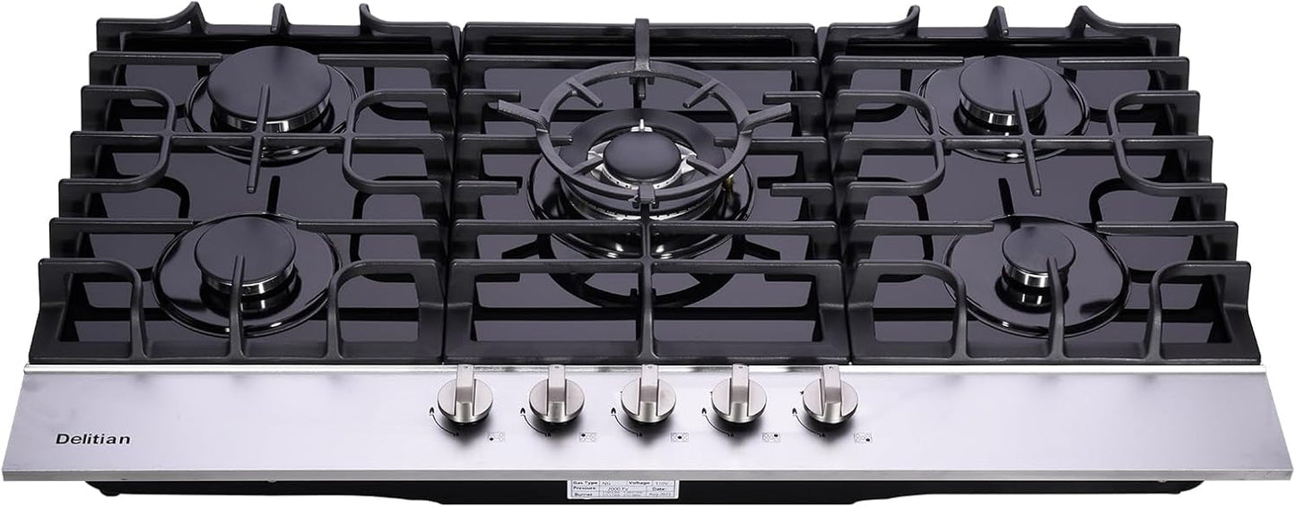 36 Inch Gas Cooktop DT5189A Tempered Glass Built-in Gas Stovetop, 5 High Efficiency Burners LPG/NG Convertible Gas Stove Top Dual Fuel Gas Hob