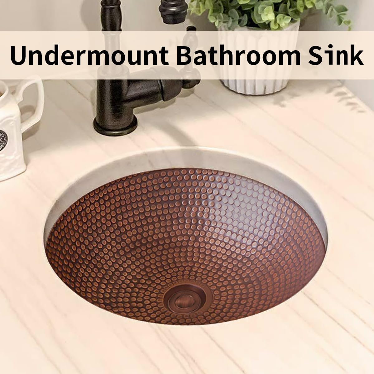 CT Copper Tailor Copper Bathroom Sink Undermount with Pop-Up Drain Stopper,Handmade,Round Shape,Heavy Hammered-Mediu