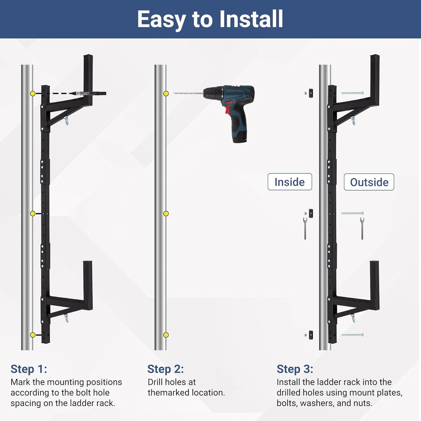Adjustable Trailer Ladder Rack, Heavy Duty Steel Ladder Rack with 8 Elastic Ropes for Truck, Open and Enclosed Trailer Side Wall Mount, Indoor/Outdoor Storage Rack 350 LBS Capacity