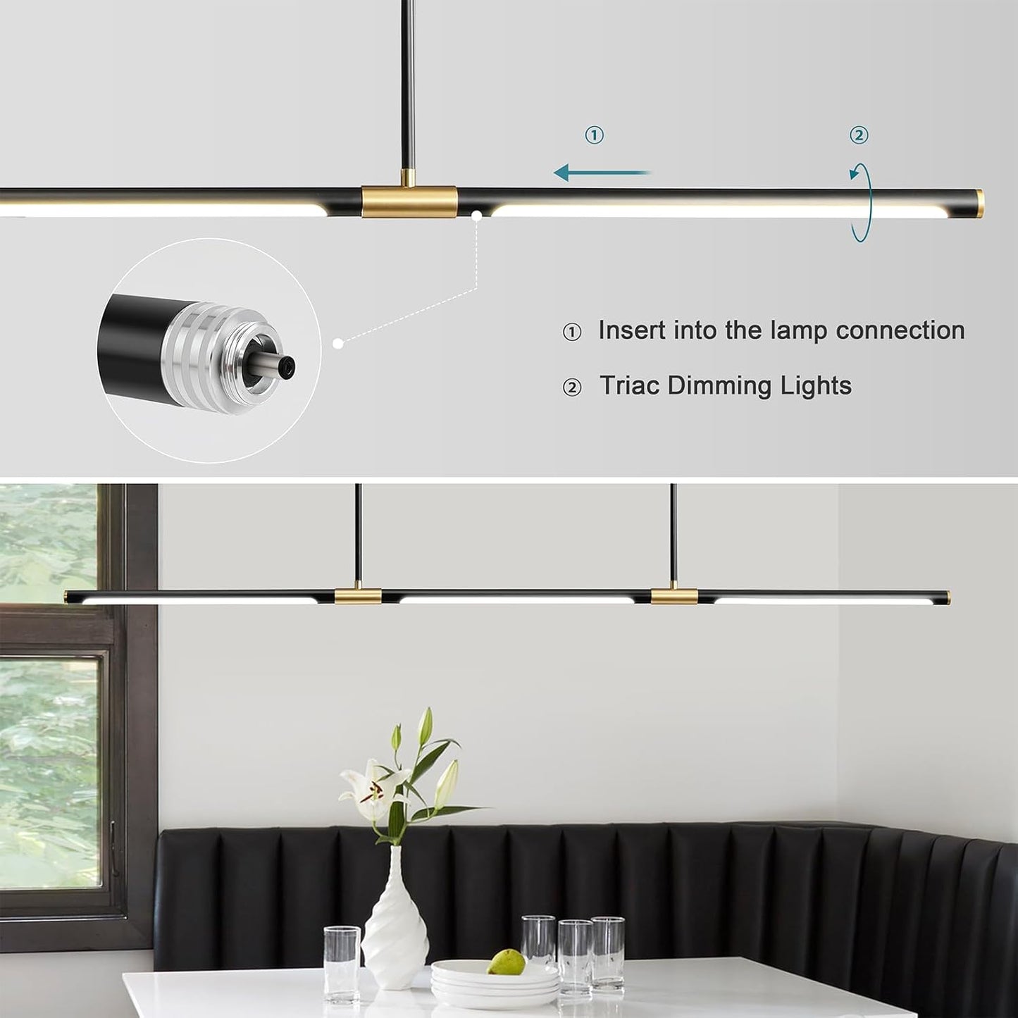 60' LED Chandelier Linear Pendant Light, 24W Dimmable LED Linear Pendant Light Fixtures Island Light for Kitchen Dining Room Living Room Study Office