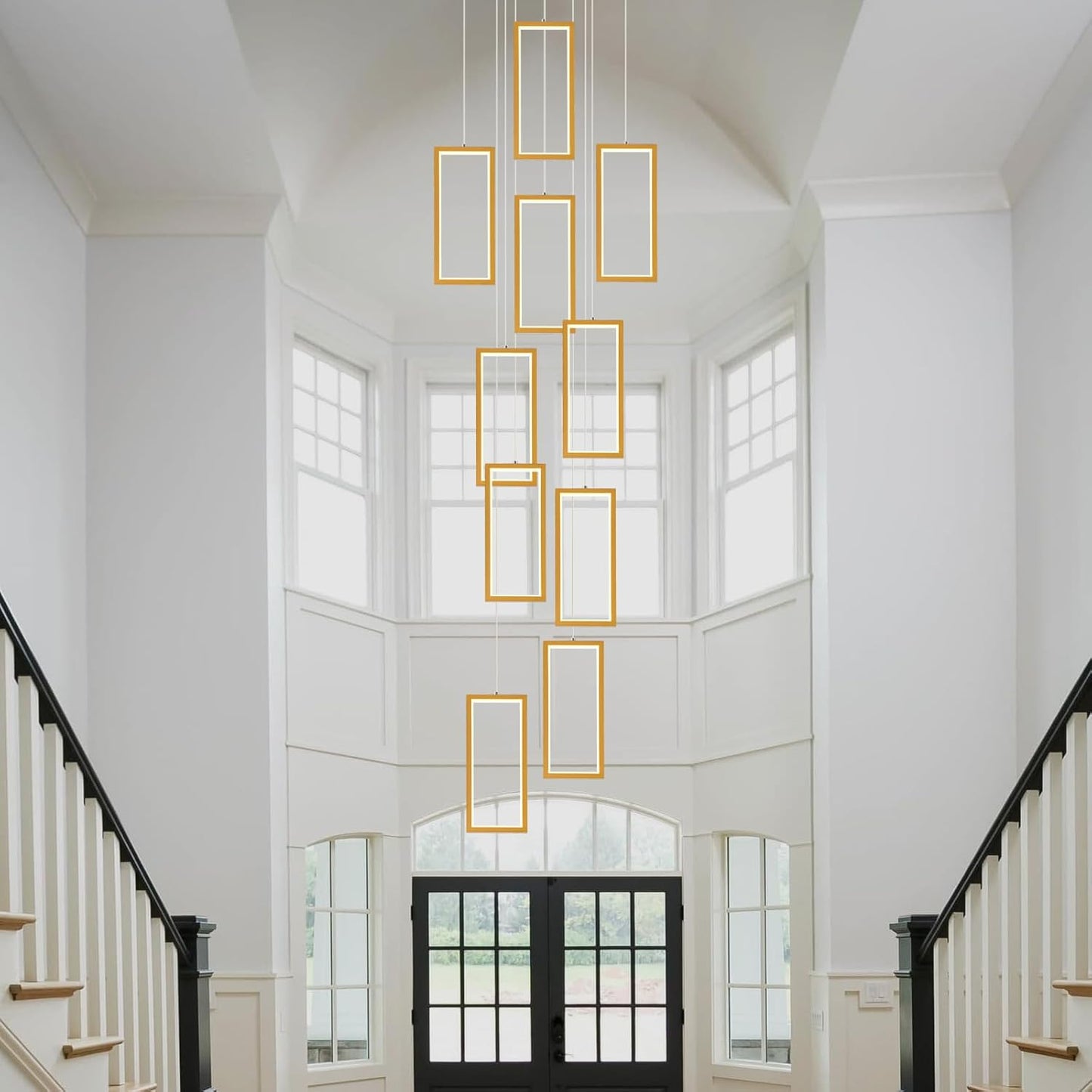 Modern LED Chandelier 10 Rings Rectangle Chandelier Dimmable With Remote Control Gold Pendant Light 120in Adjustable Height Long Staircase