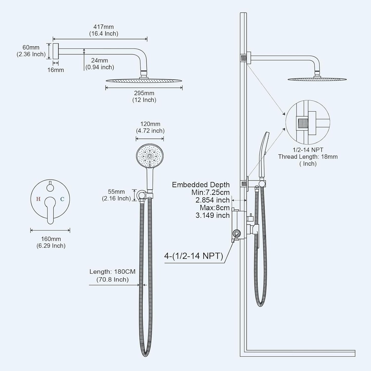 12 Inch Shower Faucet Set, High Pressure Shower Head and Handheld 3 Jet Combo Kit, Bathroom Wall Mount Rain Shower System, Includes Valve and