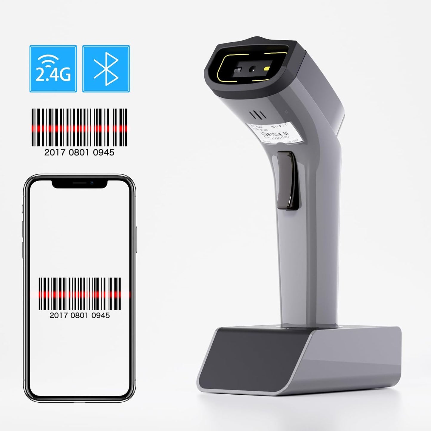 Bluetooth Wireless 2D Barcode Scanner, Hands Free QR Barcode Reader-DS7500 | with Charging Cradle and Built-in Memory, Automatic Fast and Precise scanning, Transfers Up to 100 Meters (2D-Gray)