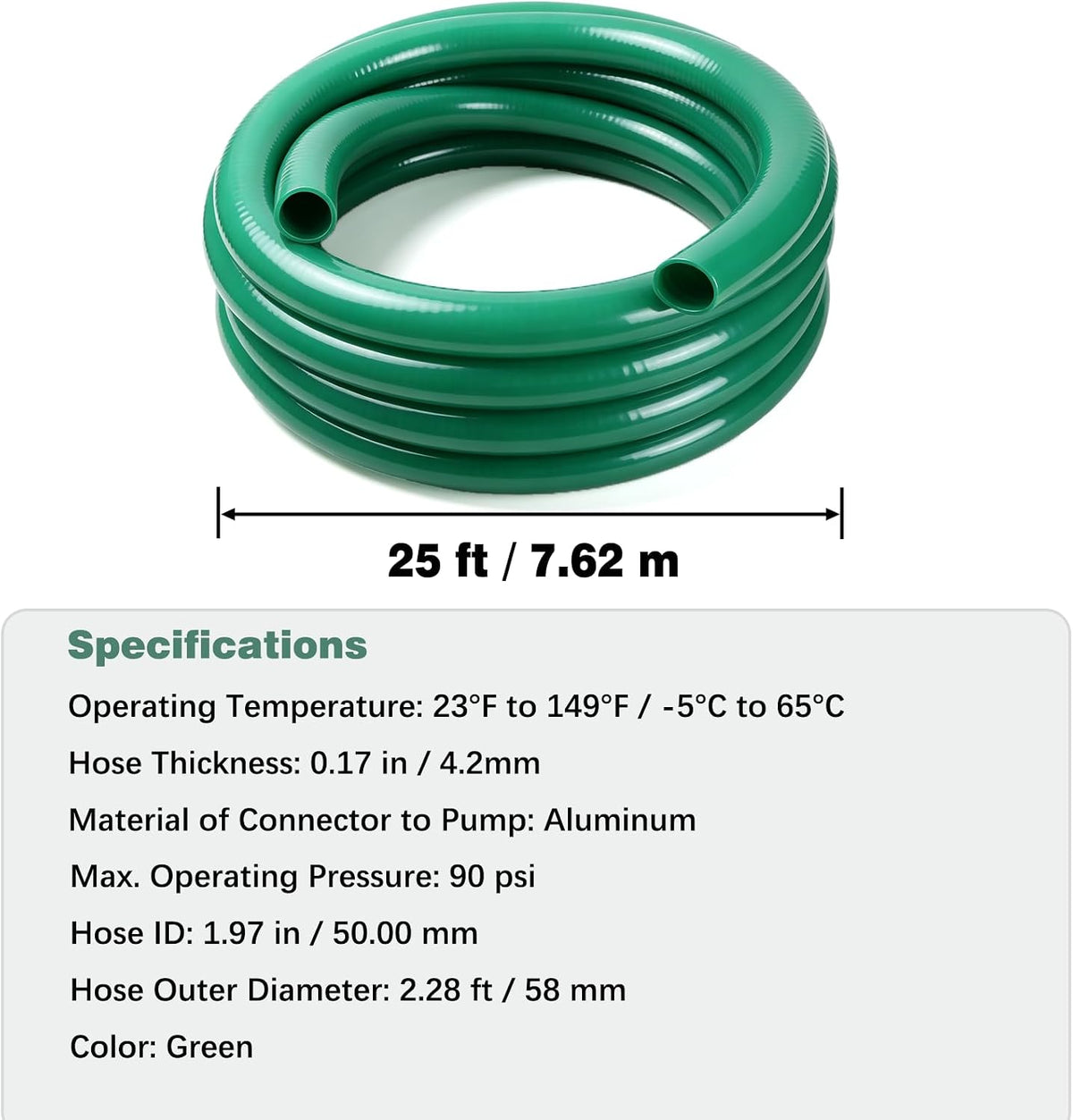 2 in x 25 ft PVC Suction Hose, 90 PSI Water Pump Hose for Water Transfer