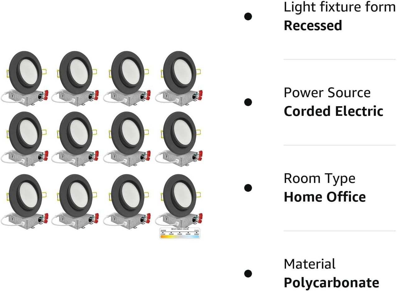 12 Pack, 4 Inch Black Gimbal LED Recessed Lighting, 2700K/3000K/3500K/4000K/5000K Selectable, 630LM, Dimmable, Damp Rated, Canless Adjustable