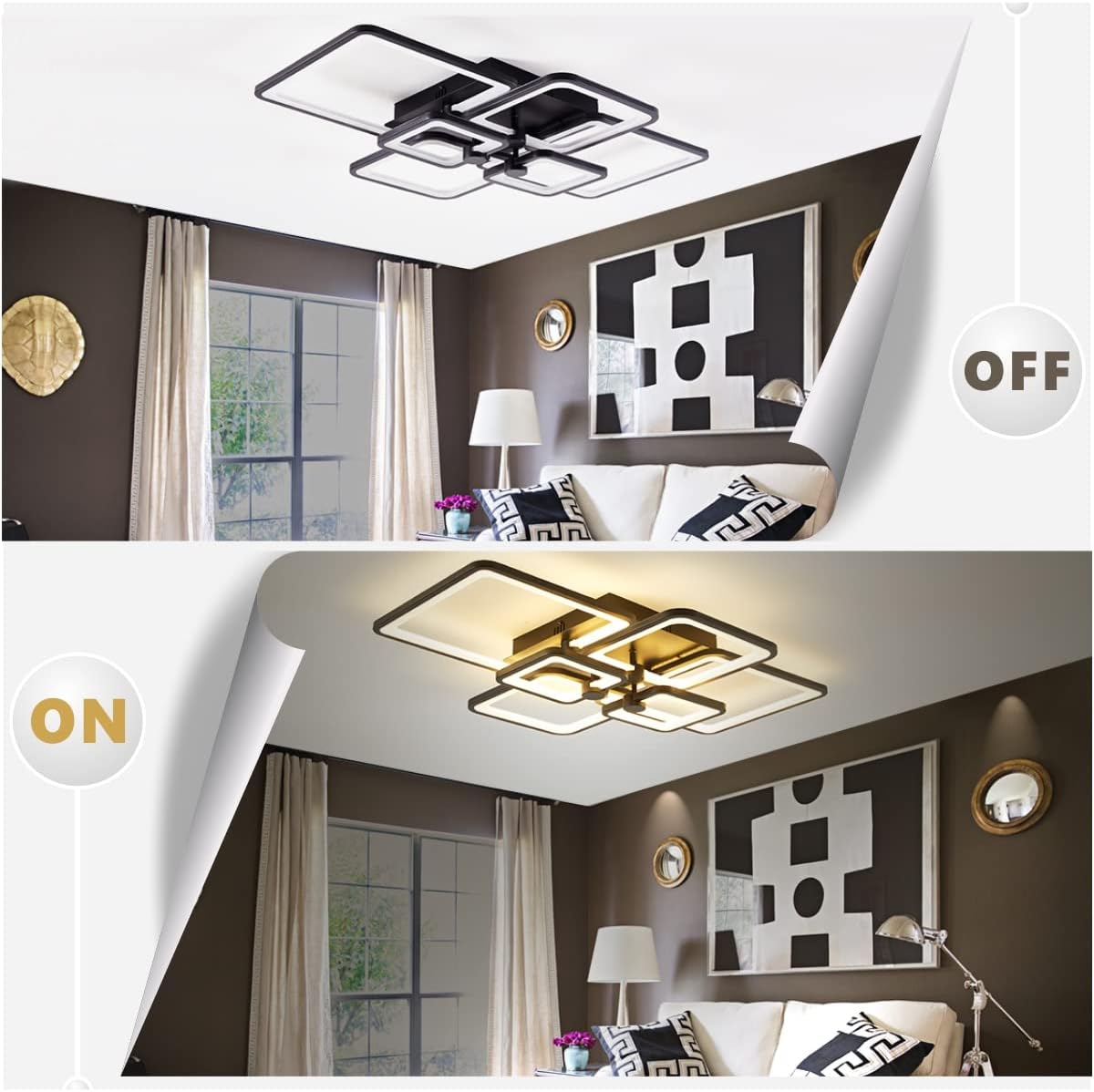 HIHIHOMY Modern LED Ceiling Light,Dimmable Modern Ceiling Lights,6 Rings Square Ceiling Lamps with Remote Control, 3-Color Flush Mount Light