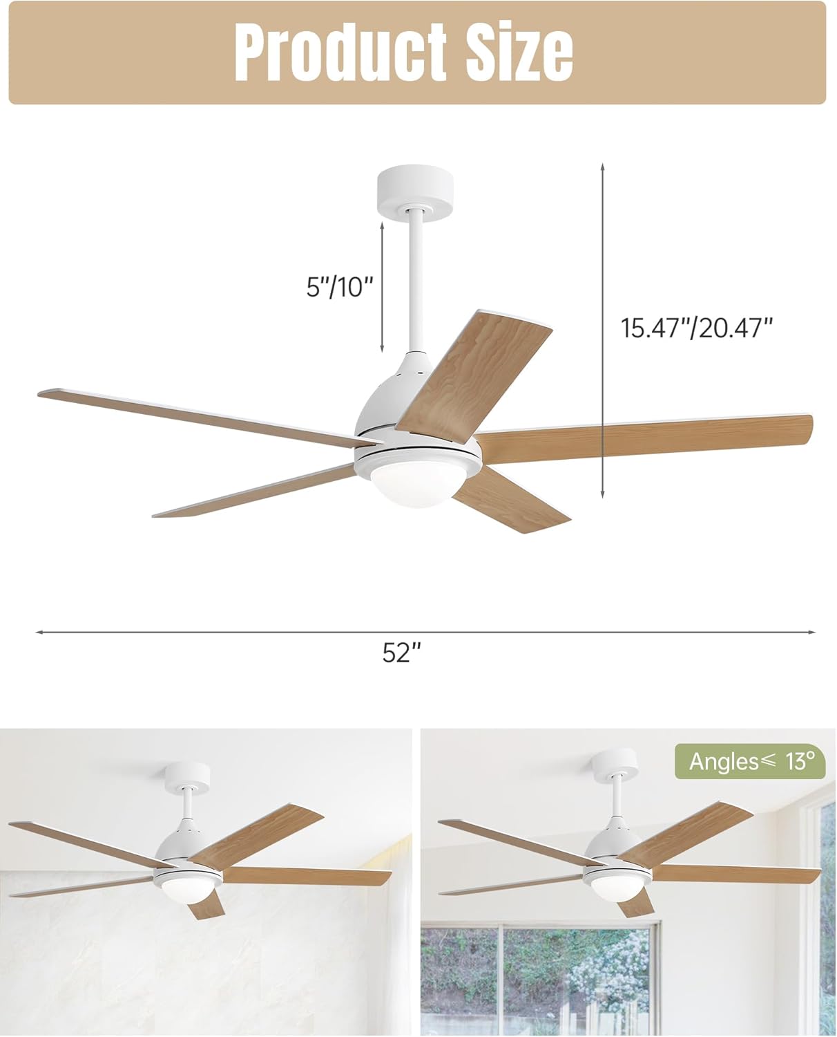 52 Inch Ceiling Fan with Light, Flush Mount Ceiling Fans with Wall Remote, 5 Double-sided Wood Blades, Noiseless AC Motor