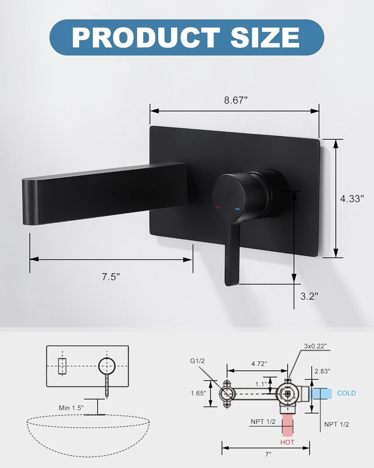 Wall Mount Bathroom Sink Faucet: Matte Black Wall Mount Bathtub Faucet - 2-Hole Single Handle Wall Faucet Bathroom - S