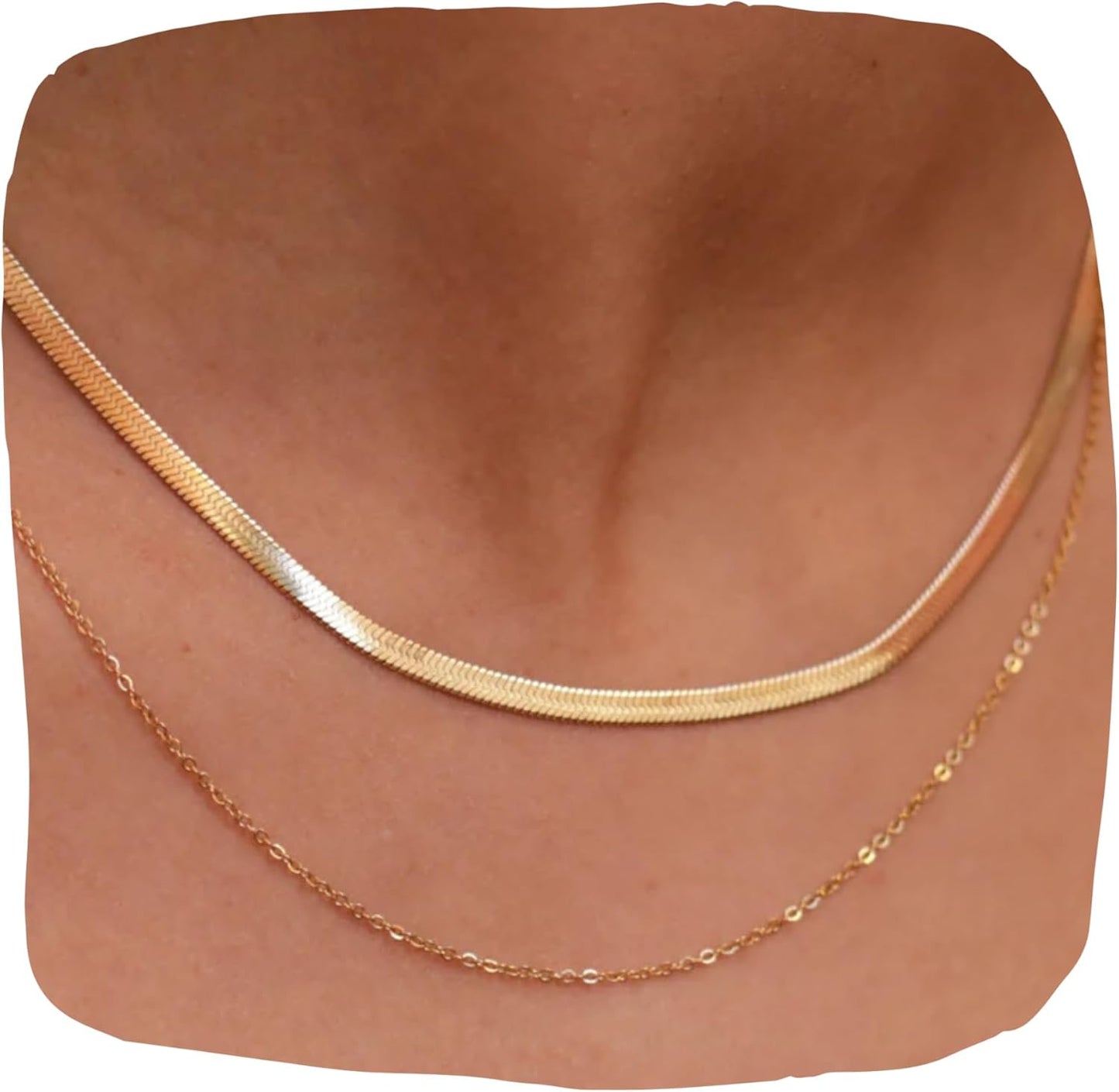 Hey Harper Gold Herringbone Necklace For Women Nassau Set - Waterproof Sweatproof Non Tarnish Jewelry - 14K PVD Layered Stainless Steel Necklace