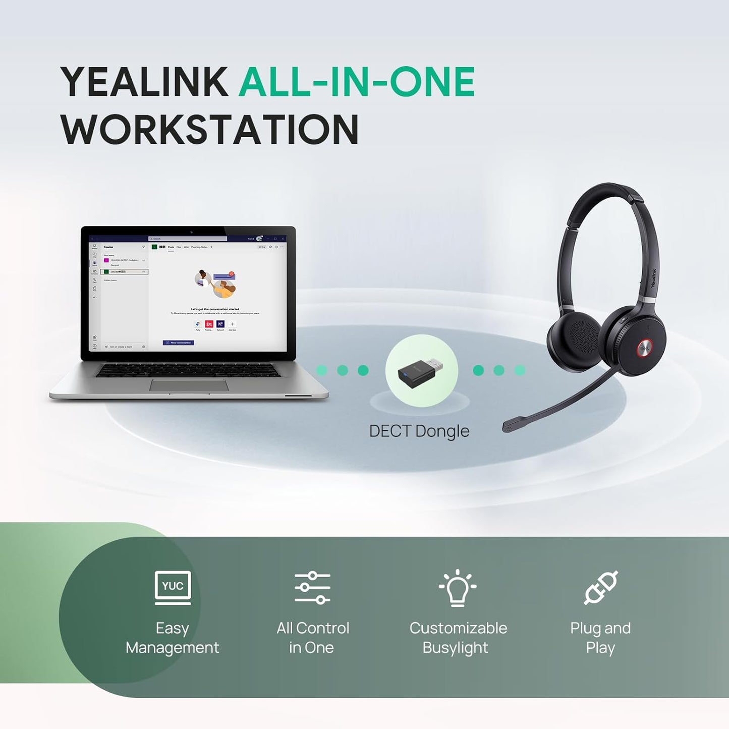 Yealink WH62 Portable Wireless Headset with DECT Dongle, Headset for Teams, Zoom Skype Certified, Office Work Headset