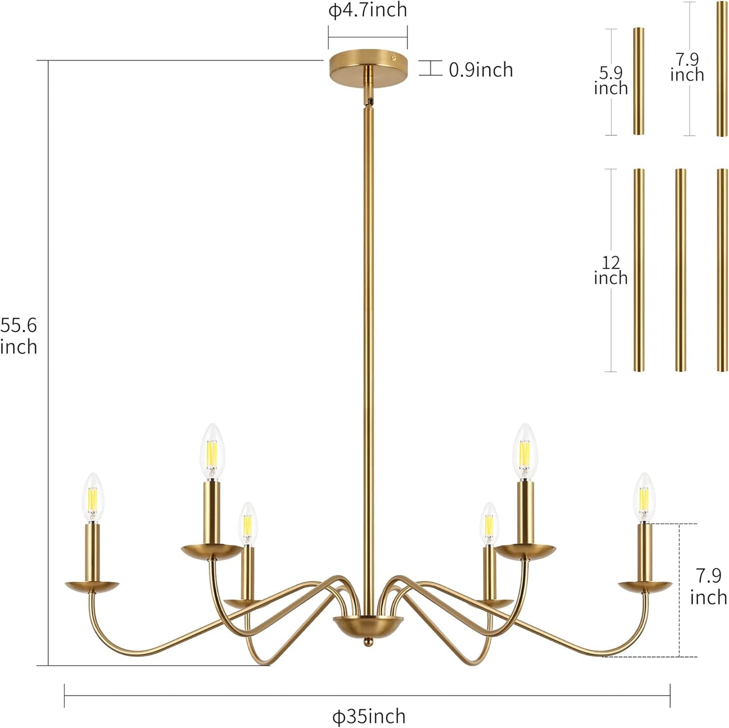 Jonsi Gold Chandeliers Light Fixture, 6 Lights 35' Brushed Brass Chandelier for Dining Room, Sloped Ceiling,Modern Dining Room Light Fixtures Over