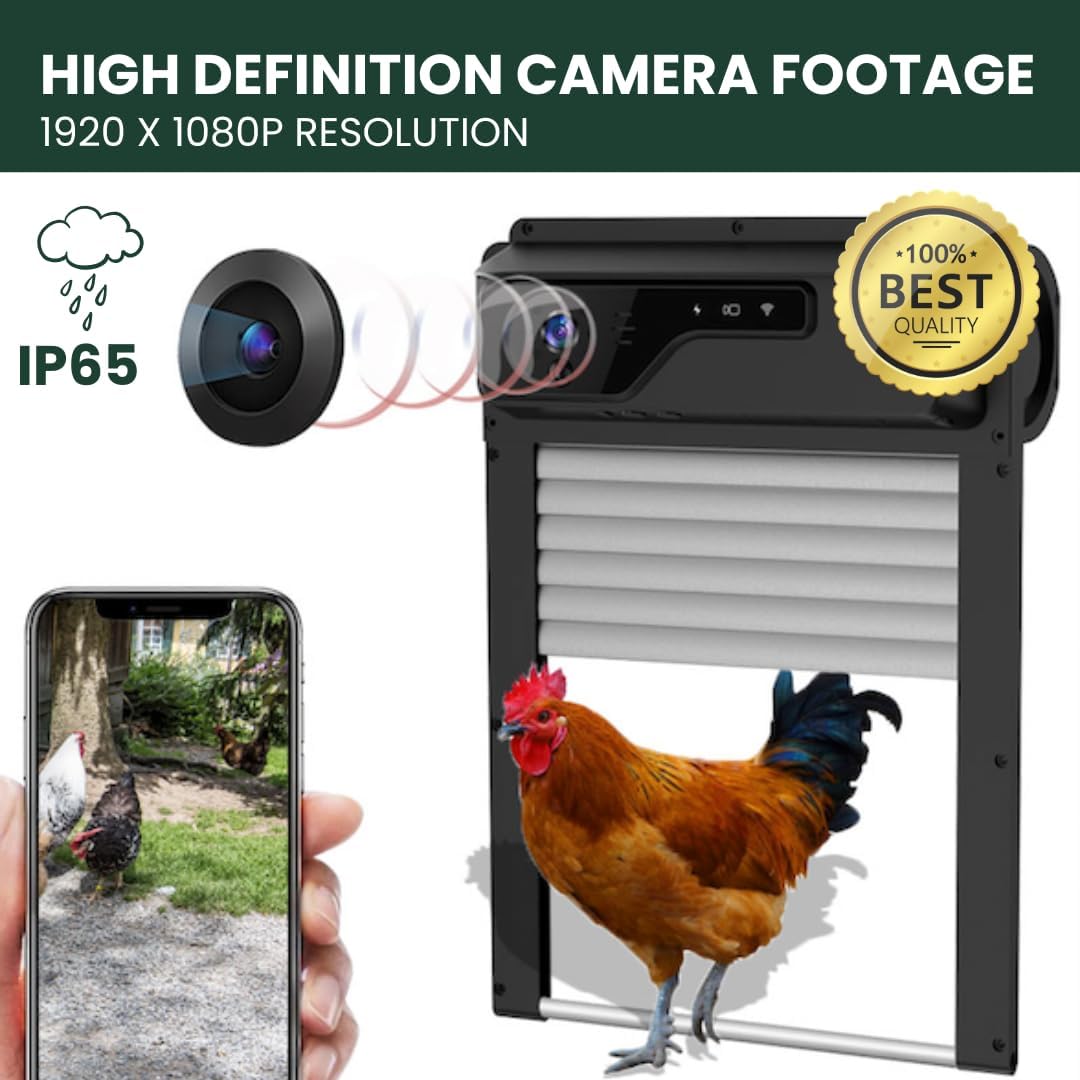 Automatic Chicken Coop Door HD1080p Surveillance Camera WiFi, Solar Powered + Free Guide | 5000mA Battery 100% Night Vision with Remote, Timer, App &