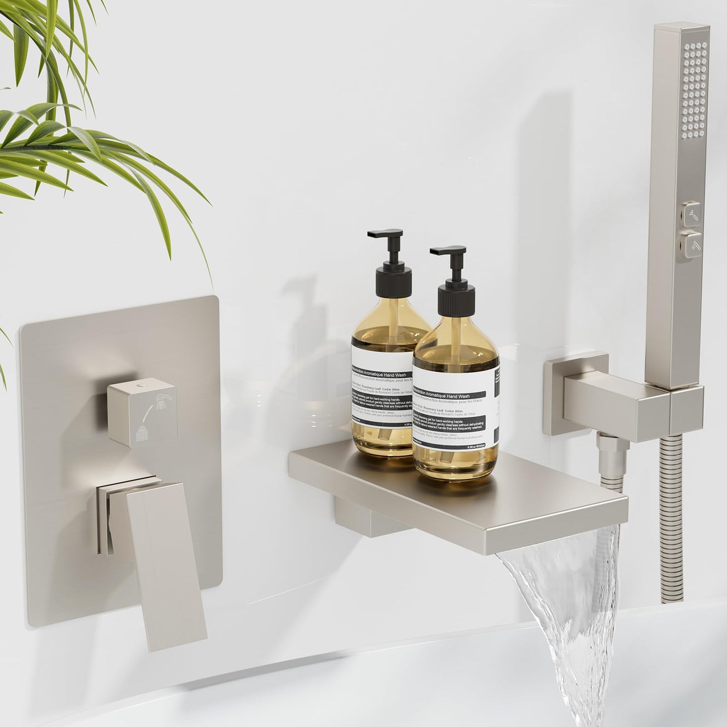 Wall Mount Tub Faucets with Waterfall Tub Spout, Wall Mounted Bathtub Faucet with Handheld Sprayer Bathroom Tub Filler Shower Bathtub Faucet Set, Tub Faucet Sets Rough-in Valve, Brushed Nickel