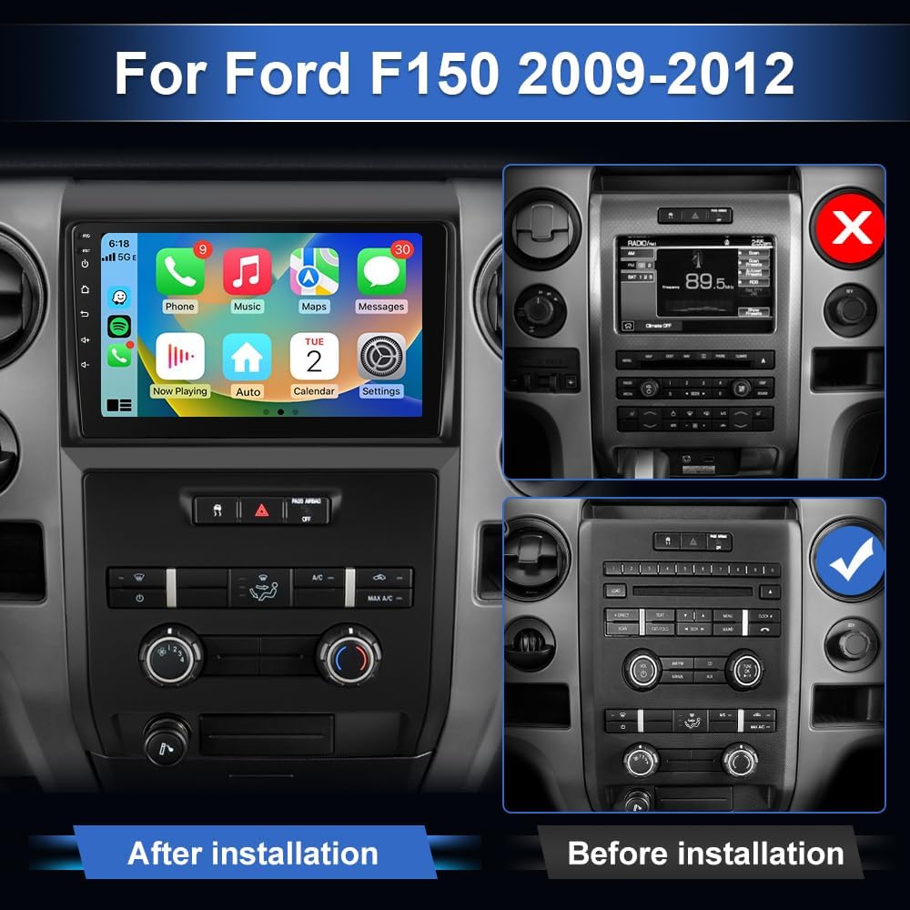 Car Stereo for Ford F150 F-150 2009 2010 2011 2012, Android 13 Car Radio 9 inch Touch Screen with Wireless CarPlay/Android Auto SWC GPS WiFi 2+64G